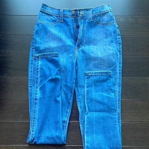 Medium wash classic high waisted jeans.